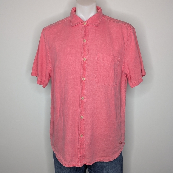 Tommy Bahama Salmon Pink Linen Button Up Short Sleeve Shirt M - Picture 1 of 9